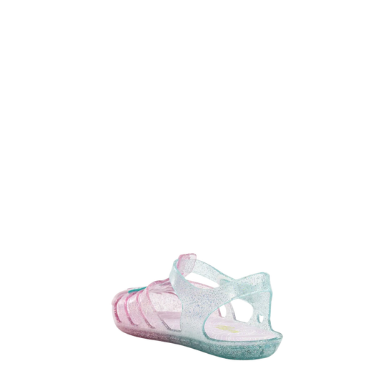 Children's sandal with pink and blue design on a white background