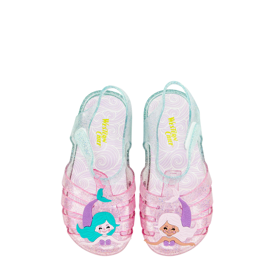 Pair of children's sandals with mermaid design on a white background