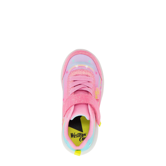 Pink sneaker with multicolor accents on a white background