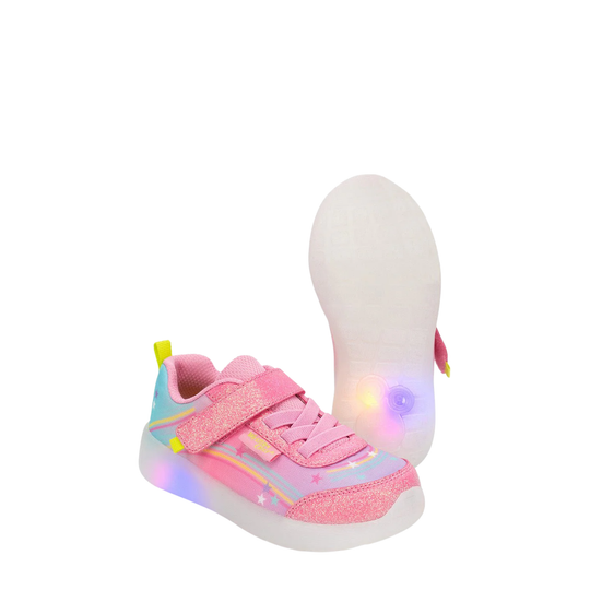 Pink children's shoe with colorful lights on a white background