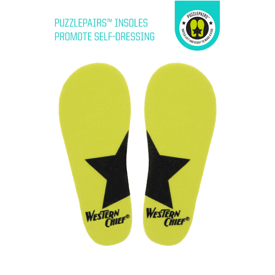 Pair of yellow insoles with black star graphics and Western Chief logo on a white background