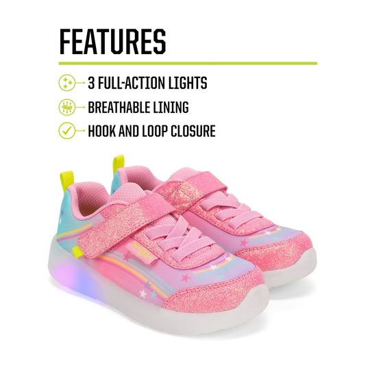 Pink children's sneakers with colorful sole and features listed above on a white background