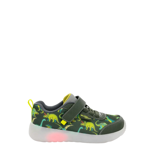 Children's shoe with dinosaur pattern on a white background