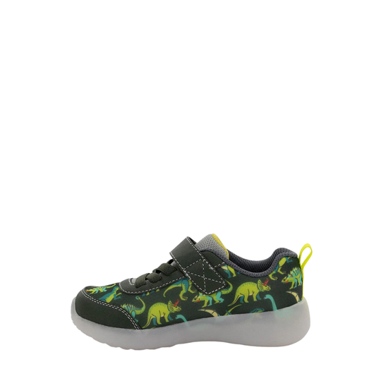 Children's shoe with dinosaur pattern on a white background