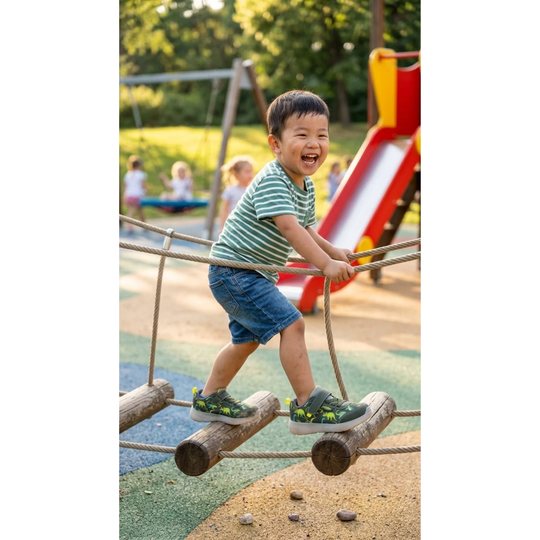 Child playing on a playground with a rope and logs, surrounded by other children and playground equipment.