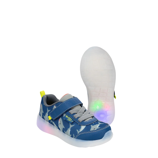Blue children's sneaker with LED lights on a white background