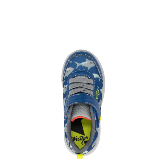 Blue sneaker with shark pattern on a white background
