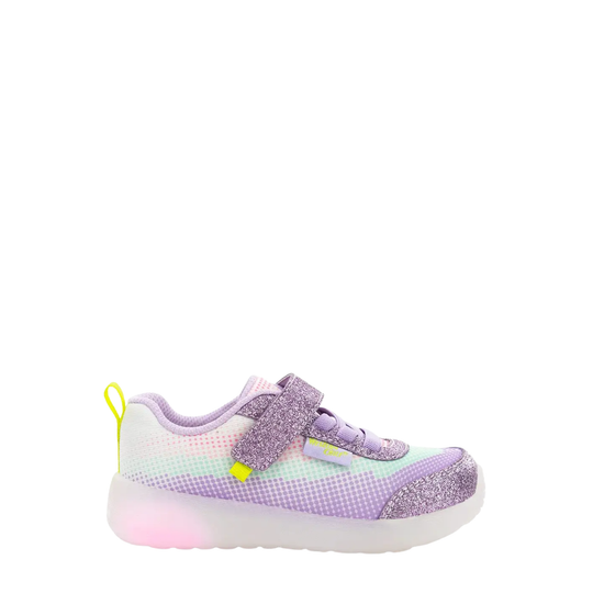 Children's purple sneaker with colorful sole on a white background