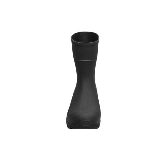 Black rain boot on a white background