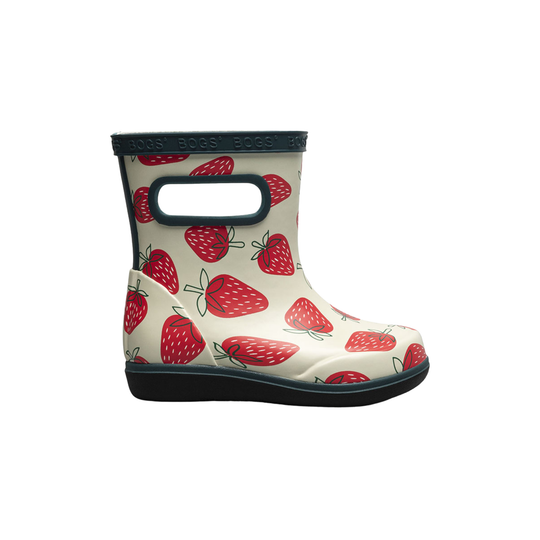 Children's rain boot with strawberry pattern on a white background