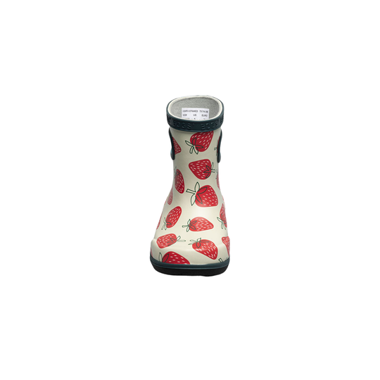 Children's rain boot with strawberry pattern on a white background