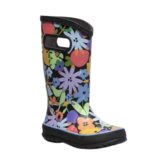Colorful floral-patterned rain boot on a white background