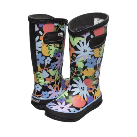 Pair of colorful floral-patterned rain boots on a white background