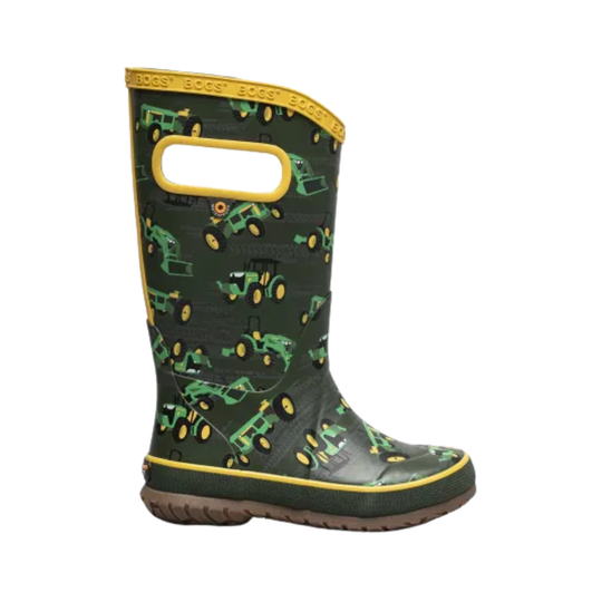 Green rain boot with tractor pattern and yellow trim on a white background