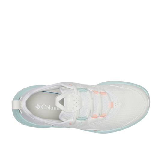 White low-top sneaker with mint sole and pink accents, top view, with Columbia logo on the insole