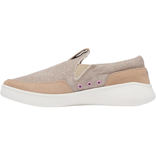 Beige and brown slip-on sneaker with a white sole on a white background