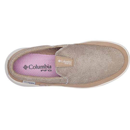 Tan canvas slip-on boat shoe with white sole and pink insole, top view