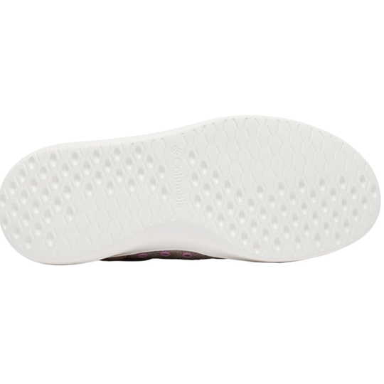 Close-up of a white shoe sole with tread pattern on a white background