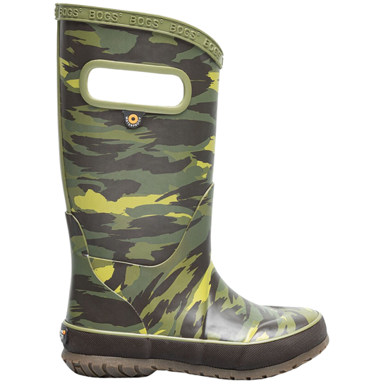 Camouflage-patterned boot with 'Bogs' branding on a white background
