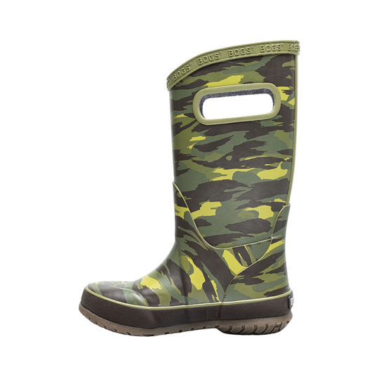 Camouflage-patterned rain boot on a white background