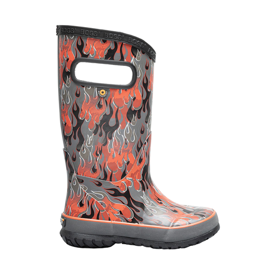 Flame-patterned rain boot on a white background