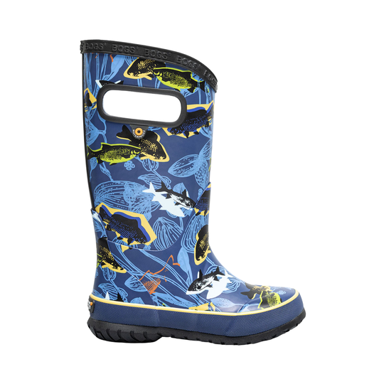 Blue rain boot with fish pattern on a white background