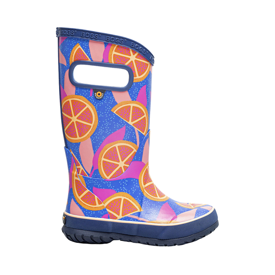 Colorful rain boot with orange slice pattern on a white background