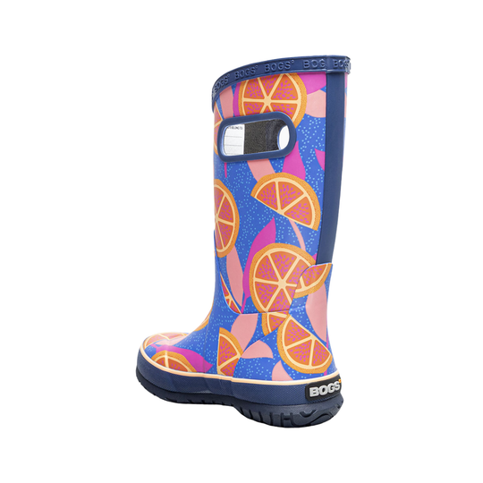 Blue rain boot with orange pattern on a white background