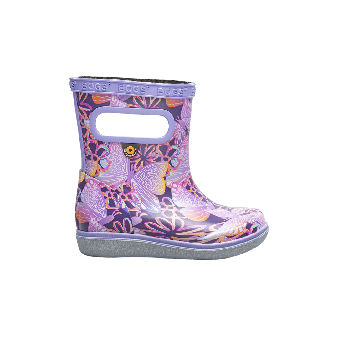 Purple children's rain boot with butterfly design on a white background
