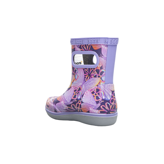 Purple butterfly-patterned rain boot with Bogs branding on a white background