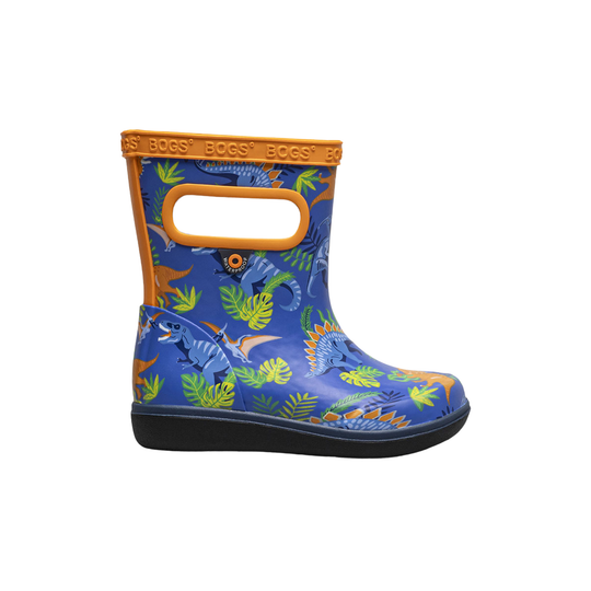 Blue children's rain boot with dinosaur pattern and orange handle on a white background