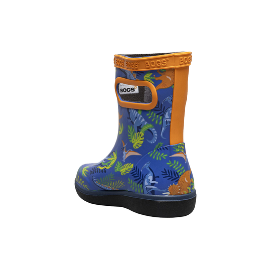 Blue children's rain boot with dinosaur pattern and orange top on a white background