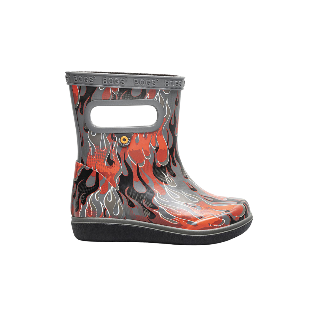 Flame-patterned rain boot with gray top on a white background