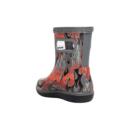 Gray rain boot with red flame pattern on a white background