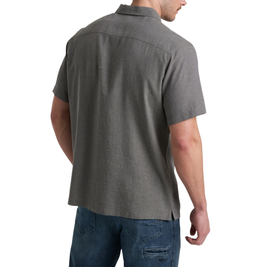 Men's short-sleeve gray button-up shirt shown from the back