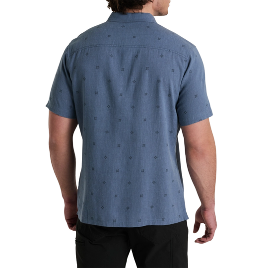blue button up with black prints