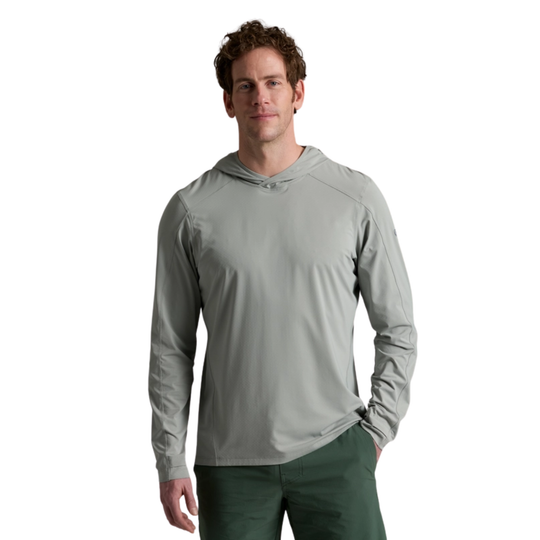 Man wearing a gray long-sleeve hoodie on a white background