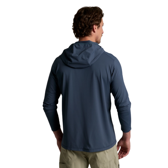 Man wearing a blue hoodie from behind on a white background
