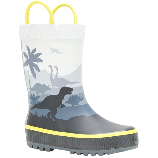 Children's rain boot with dinosaur design on a white background