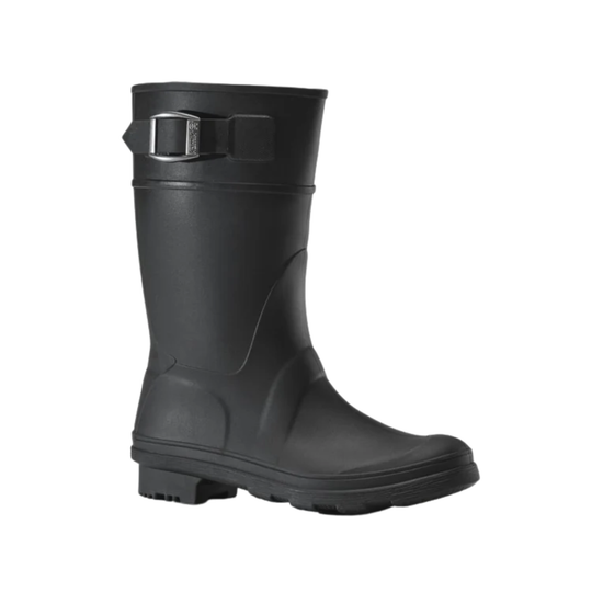 Black rubber boot with a buckle on a white background