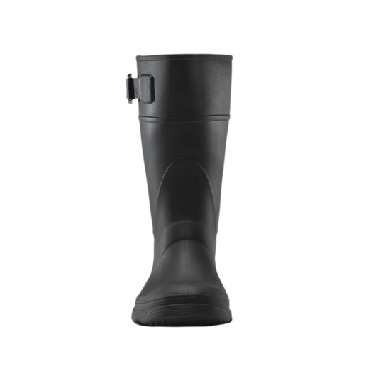 Black rubber boot with a buckle on a white background