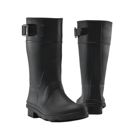 Pair of black rubber boots with buckles on a white background