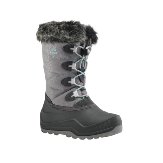 Gray winter boot with fur trim on a white background