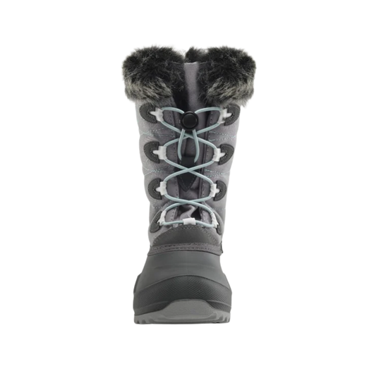 Gray winter boot with fur trim on a white background