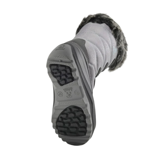 Gray and black shoe with textured sole on a white background