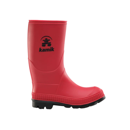 Red rain boot with Kamik logo on a white background