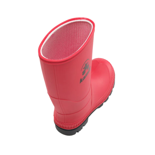 Red rubber boot with a brand logo on a white background