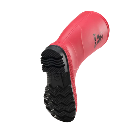 Red rubber boot with black sole on a white background