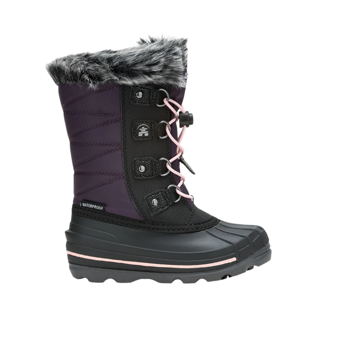 Black and purple winter boot with pink accents on a white background