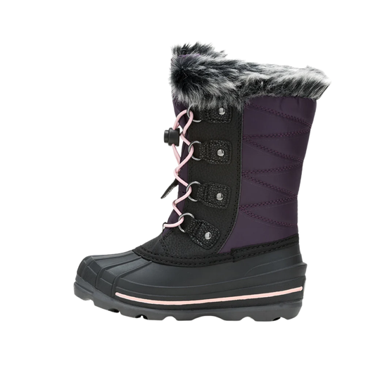 Black and purple winter boot with fur trim on a white background